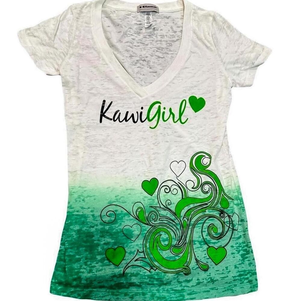 Kawasaki Women's White and Green Women's Biker Motorcycle V Neck Shirt Medium